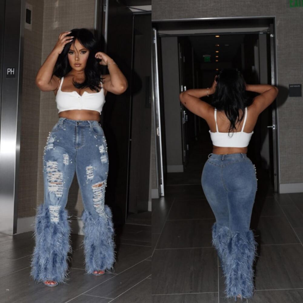 Nichole Lynel | NEW Feather Pearl Flare Denim Small‎ Gala Party Clubbing